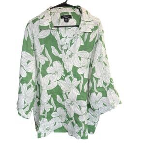 TAHARI Green White 100% Linen 3/4 Sleeve Top Shirt Side Buttons 3XL Coastal